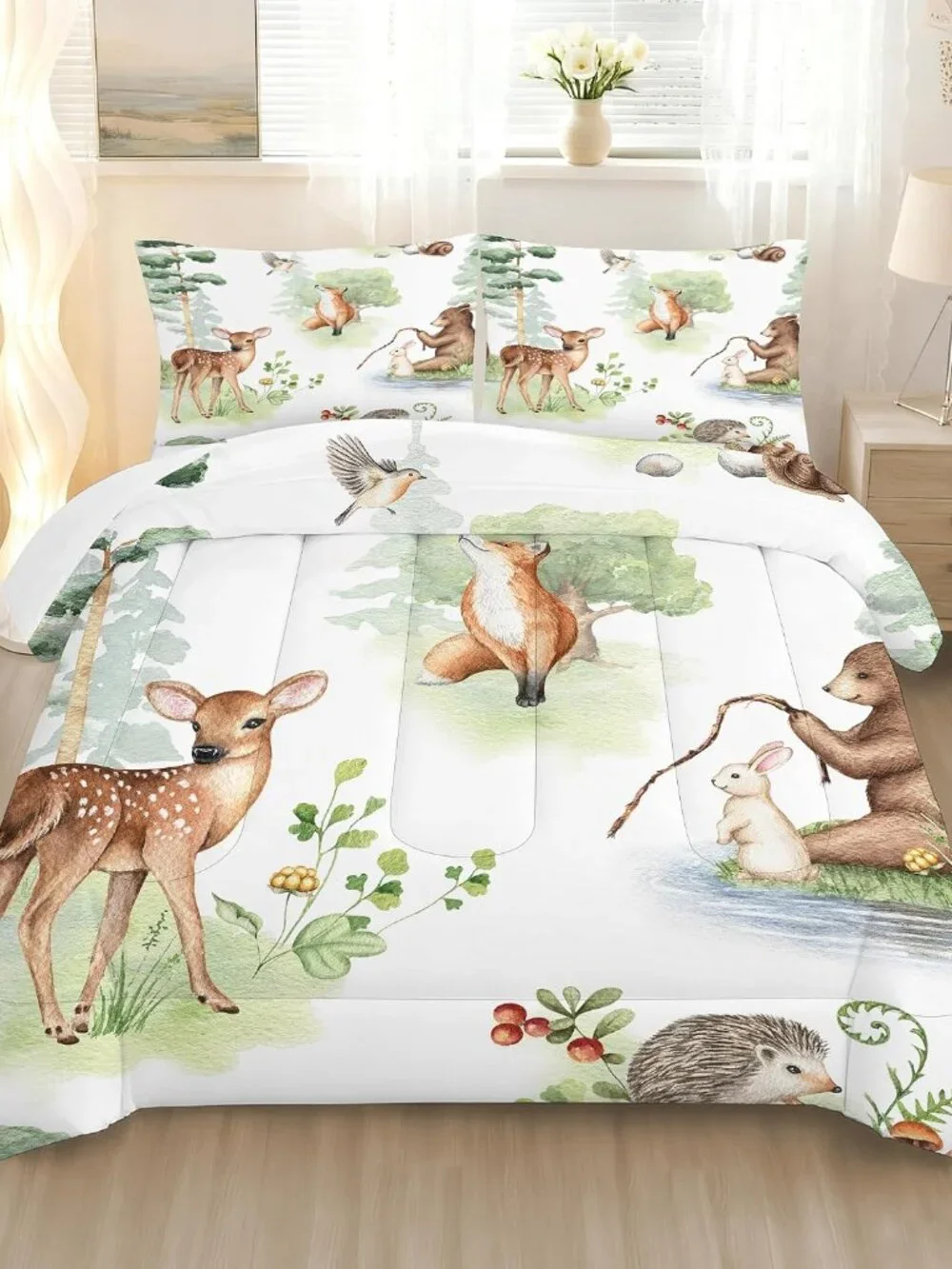 Wildlife Animals Comforter Set Twin for Kids Woodland Fox Deer and Bear Print Be